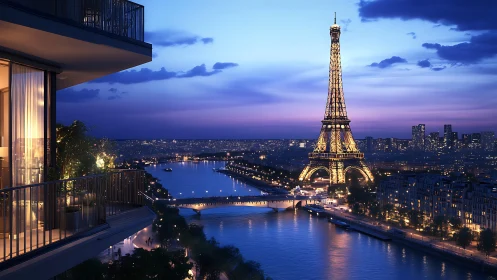 Paris balcony overlooks illuminated Eiffel Tower at dusk