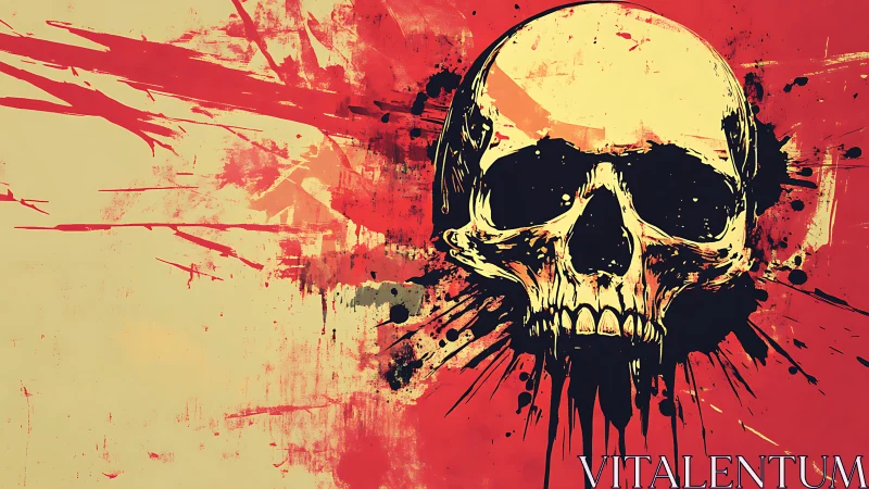 Skull emerges through chaotic red paint splatter field.