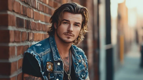 Confident young man leans on brick wall in warm city light