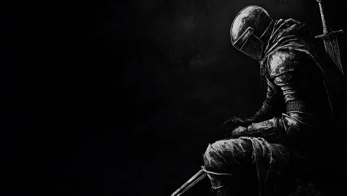 Quiet knight at rest in the shadows after battle.