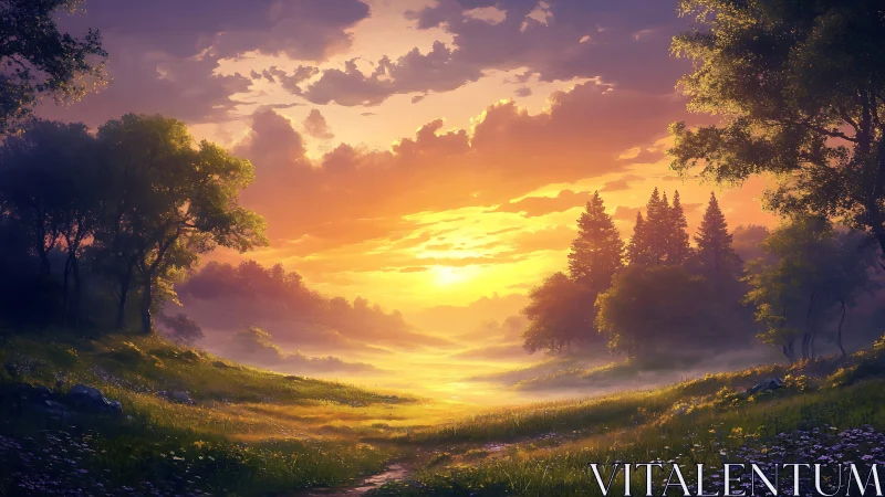 Sunset light over misty forest valley and open meadow.