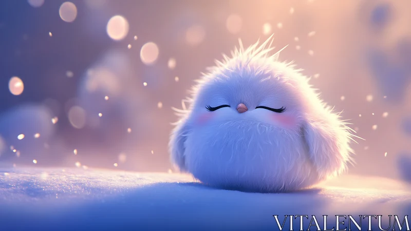 Snowy puffball dreams under pastel twilight snowfall glow