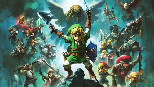 Heroic fantasy swordsman montage in dynamic teal battlefield