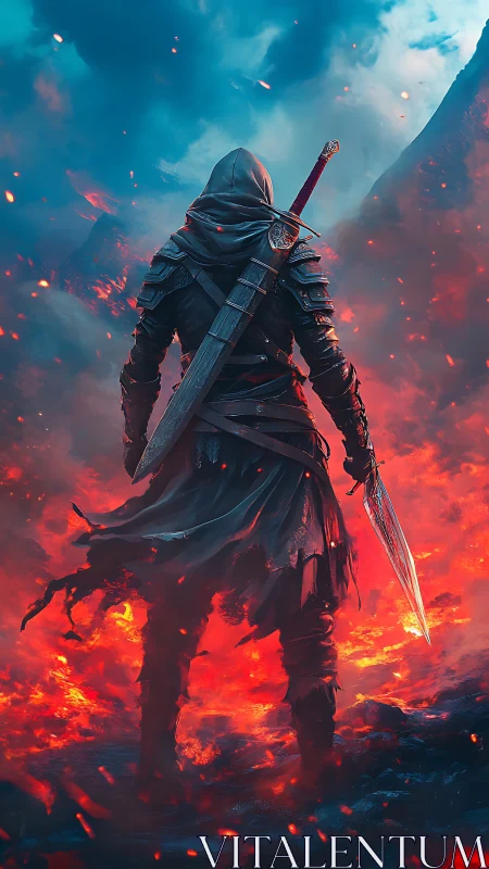 Hooded bladewalker strides through molten twilight battlefield.