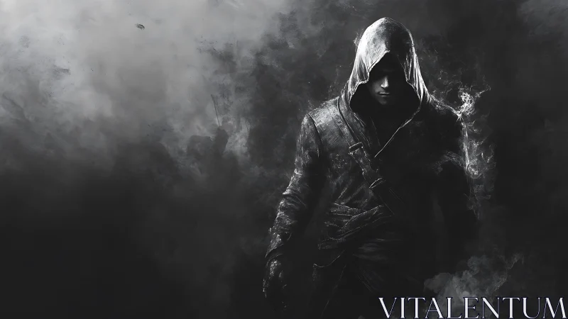 Hooded figure emerging from dark monochrome smoke field.