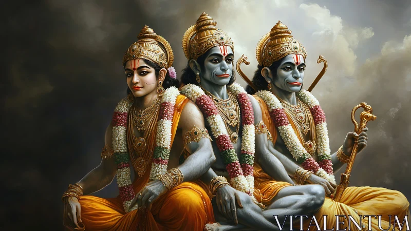 Graceful divine trio sits in golden robes and floral garlands