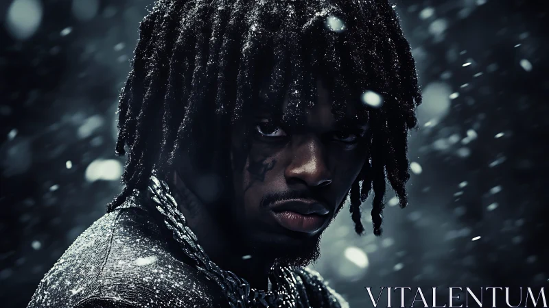Male subject with dreadlocks stands in low key snowy lighting
