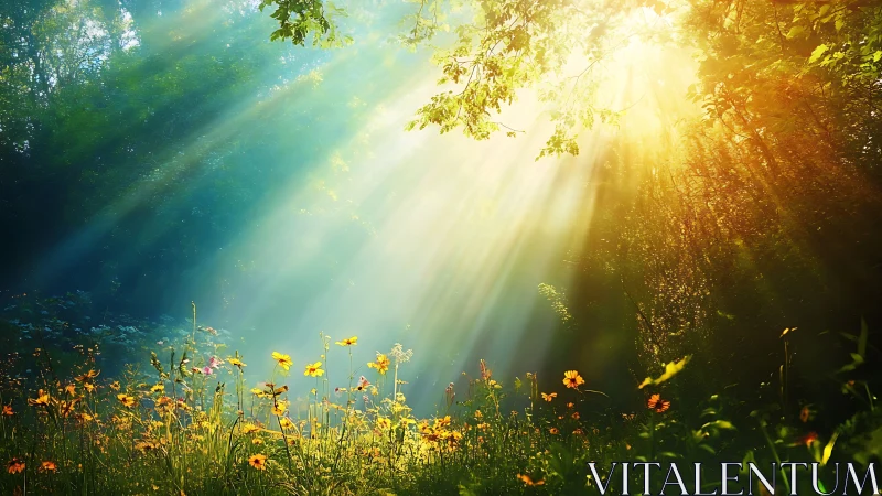 Sunlit wildflower glade where morning light melts into mist.