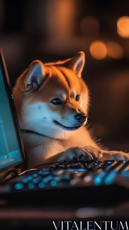 Shiba inu coder at RGB keyboard in cinematic bokeh light.