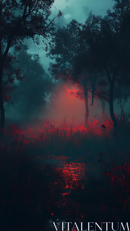 Forest Alight: Red Luminescence Through Misty Woods.