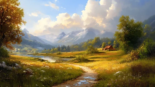 Sunlit alpine meadow path leading toward distant snowy peaks