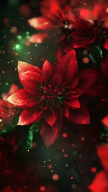 Red poinsettia flower with green light bokeh background.