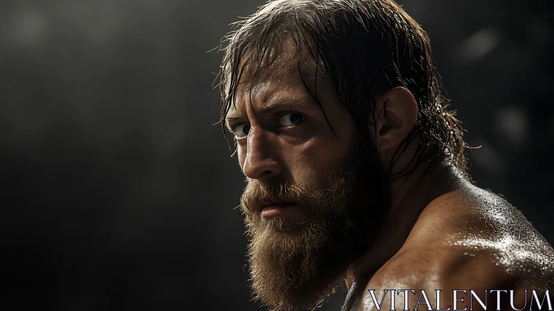 Steely eyed fighter pauses in the glow of the arena lights.