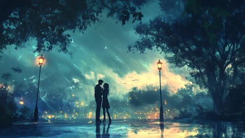 Two lovers embrace under glowing street lamps in enchanted rain.