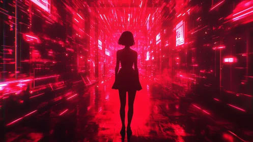 Girl in glowing neon corridor bathed in electric red light.