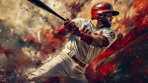 Baseball slugger swings through a blazing abstract backdrop.