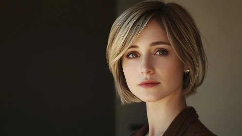 Portrait shows young woman in soft natural side lighting