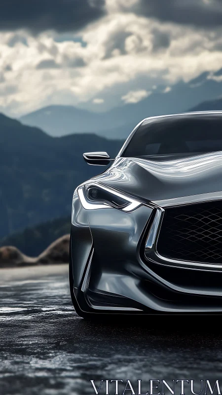 Modern metallic coupe front detail on wet mountain road.