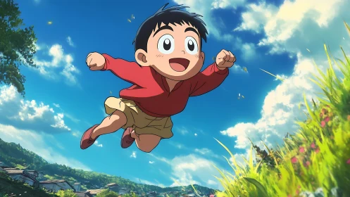 Anime boy mid-jump in bright rural landscape with dynamic depth