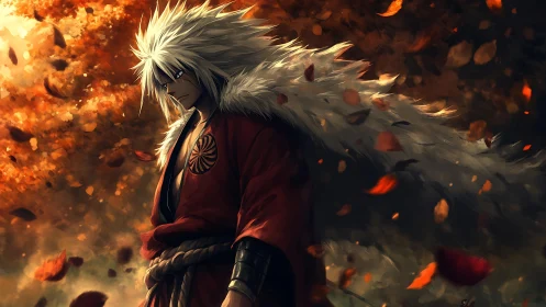 White haired warrior stands in red robe amid swirling leaves