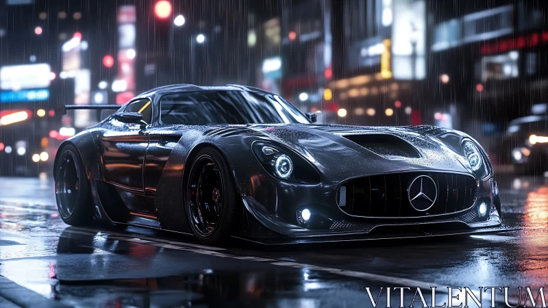 Custom black sports coupe on wet city street at night.
