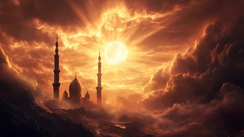 Mosque silhouette under dense clouds and central sun disc.