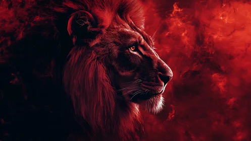 Lion profile rendered in intense red monochrome lighting
