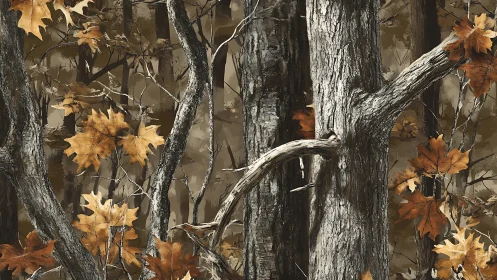 Autumn Forest Camouflage Pattern with Realistic Trees and Leaves.