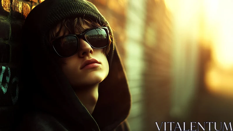 Moody urban youth in hoodie under golden alley light.