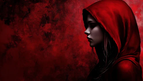 Crimson-hooded silhouette dreaming against a storm of red.