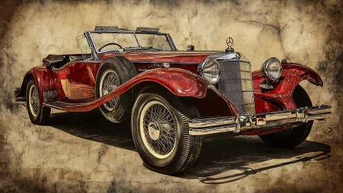 Vintage roadster rendering with distressed parchment backdrop.