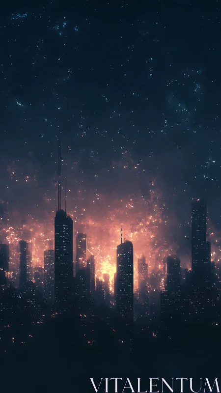 Embers crown the silent city while distant stars look on