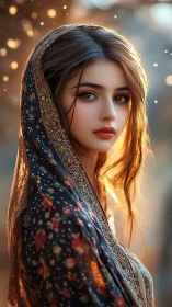 Backlit portrait of veiled young woman in golden dusk bokeh