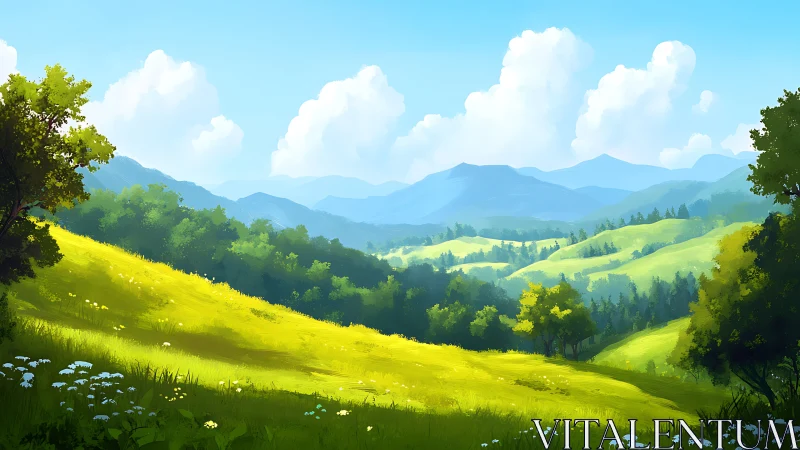Sunlit rolling hills inviting quiet daydream wanderings.
