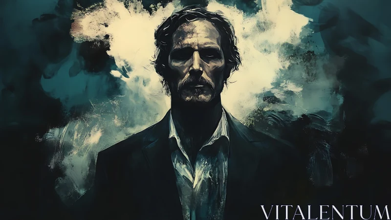 Stormlit drifter stands carved from shadow and paintstorms.