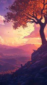 Radiant mountain overlook under vivid sunset canopy.