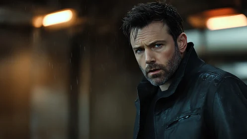 Man in dark jacket stands in rain under blurred warm lights