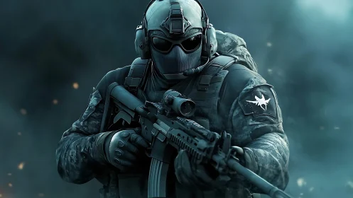 Tactical operator in full combat gear aims suppressed assault rifle