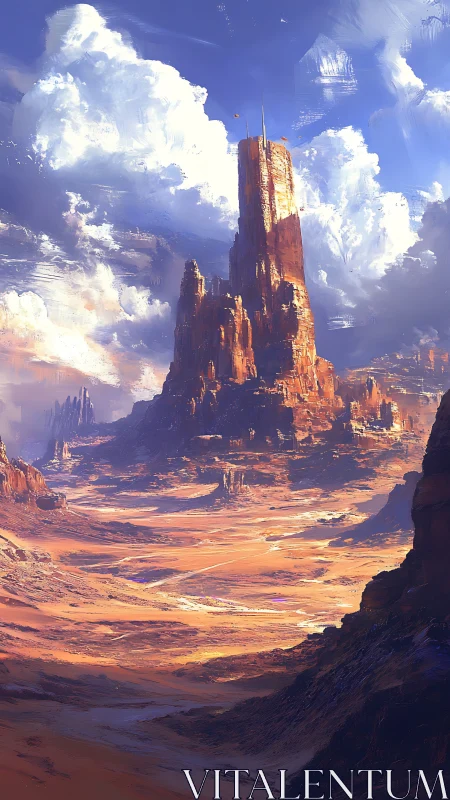 Vertical desert butte under volumetric clouds, high contrast lighting