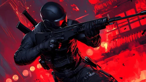 Tactical assault operative advancing through stylized urban firestorm