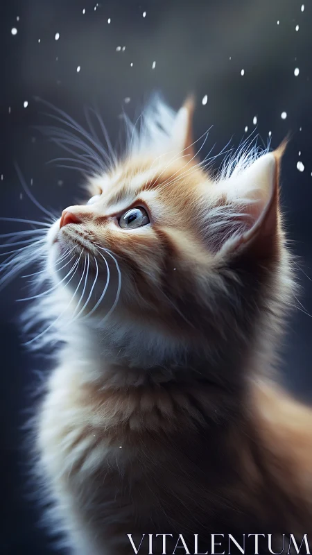 Kitten Gazes Upward Through Falling Snow.