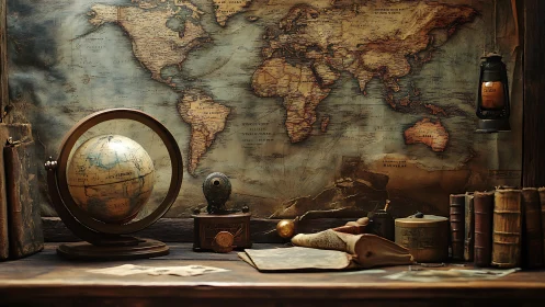 Vintage world map and globe create an old explorer&rsquo;s desk