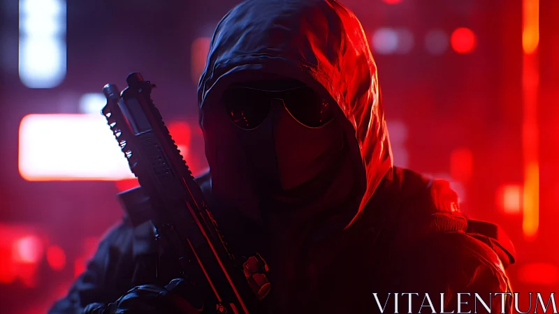 Neon vigilante cloaked in scarlet haze of the sleepless city.