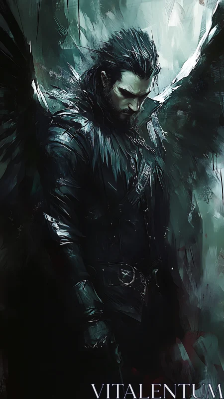 Dark winged man in black armor looks downward in shadow