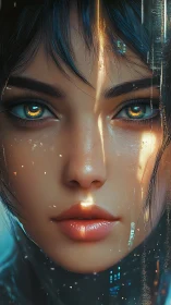 Cybernetic portrait with luminous teal irises and rainlit skin