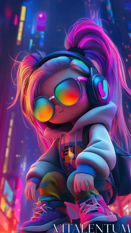 Neon street kid crouches under glowing cyberpunk skyline.