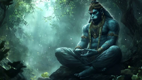 Forest guardian in tranquil blue meditation glow.