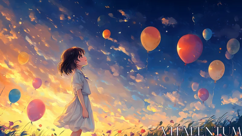 Girl watches sunset balloons drift across glowing sky.