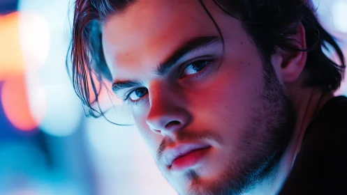 Neon-lit close-up portrait with shallow depth and bicolor lighting