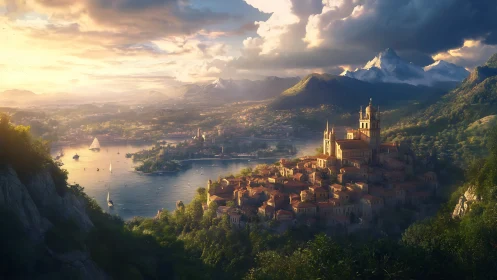 Sunlit coastal city with cathedral below distant mountains